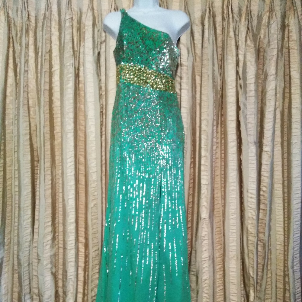 Size 8 Sherri Hill Teal Silk One-Shoulder Dress